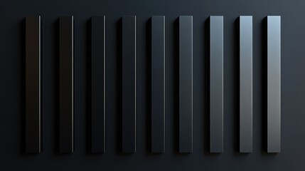 High-tech vertical metallic bars with subtle reflections and gradients on a dark surface.
