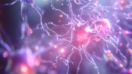 Abstract representation of neurons with glowing connections and purple hues under microscope