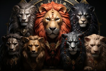Majestic lion family portrait, zodiac background, fantasy art, game asset.