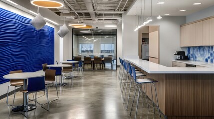 Obraz premium A modern office break room with neutral base of soft gray and white, accented by cobalt blue elements.jpeg