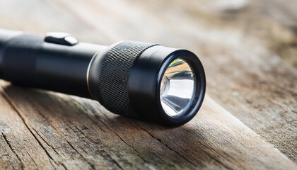 Black flashlight on wooden table. Electric torch. Portable hand-held electric lamp. Close-up.