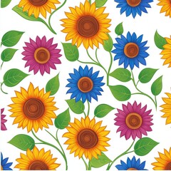 Vibrant floral pattern featuring sunflowers and colorful flowers art design digital illustration bright environment aesthetic viewpoint