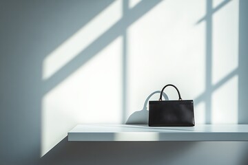 Stylish Black Leather Handbag on a Shelf