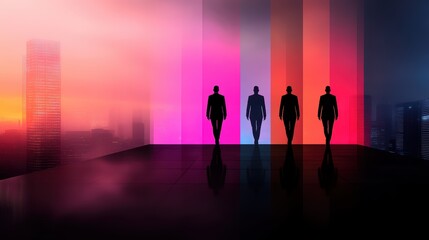 Fototapeta premium Silhouetted businessmen walking towards vibrant city skyline at sunset