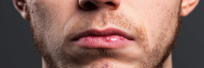 Obraz premium Patient experiences discomfort due to visible cold sores on lips in a clinical setting with realistic lighting