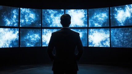 business, people, big data and technology concept - businessman working with virtual reality screens from back over black background