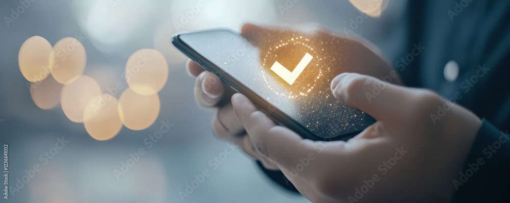 Poster digital verification concept with male hands holding smartphone displaying checkmark icon