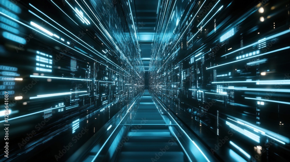 Poster futuristic data corridor with glowing neon lights and abstract tech design