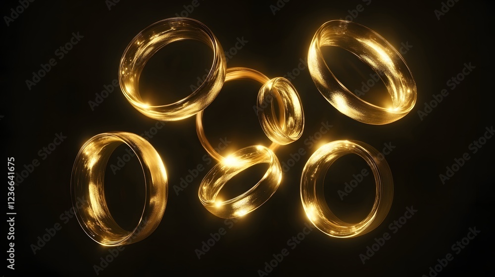 Poster golden rings float in dark space creating a magical scene