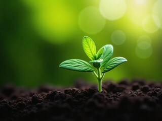 Young Green Plant Sprouting from Dark Soil with White Flower on Top, Illuminated by Sunlight – Fresh Seedling with Vibrant Leaves in Natural Environment, Symbolizing Growth, Renewal, and Vitality