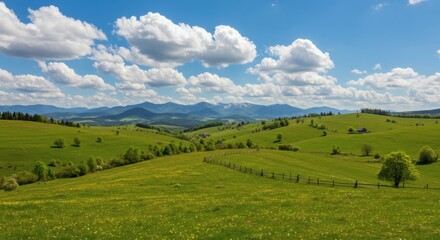 Obraz premium Serene Green Valley Landscape with Rolling Hills and Blue Sky