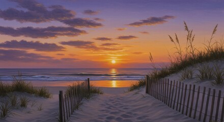 Obraz premium Stunning Beach Sunrise Landscape Painting with Ocean and Sand