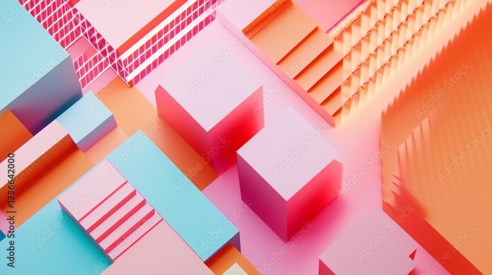 Poster abstract geometric composition with vibrant hues and dimensional shapes creating a modern design