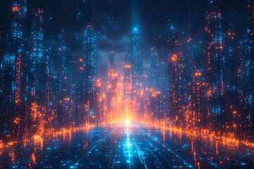 Fototapeta premium Abstract Digital Grid with Glowing Blue Lines and Futuristic Cityscape on Black Background, AI Technology Concept