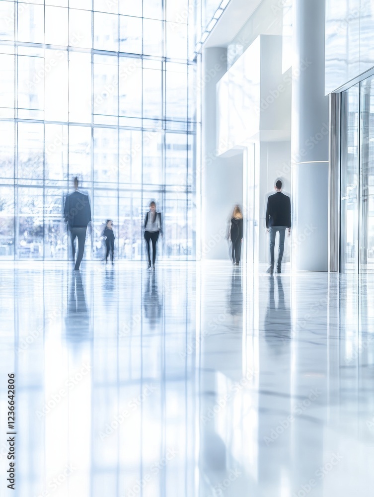 Poster blurred office building lobby with people walking in a modern corporate environment. intentionally b