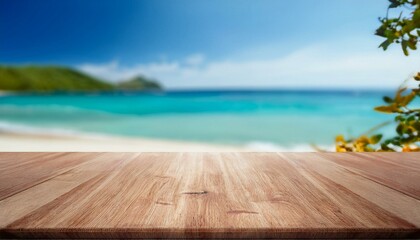 Fototapeta premium Empty rustic wooden table on blur background of beautiful beach for mockup summer product display or travel ad. Picnic table with customizable space on table-top for editing.