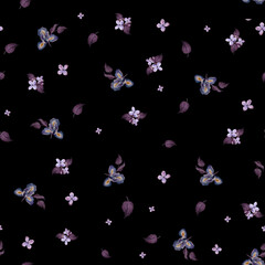 Simple floral pattern with blue irises and leaves on a black background. Botanical ornament  for textile, prints, wallpaper, dress  and decor.