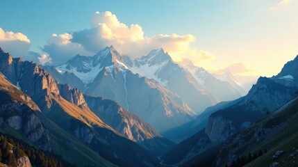 Majestic Mountain Range at Sunset, Showing a Serene Valley and Verdant Slopes
