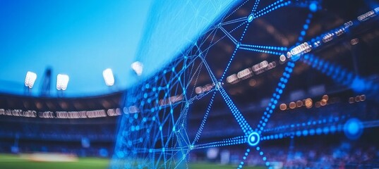 Sports And Technology A Football Stadium With Blue Dotted Outline Network Connecting The Structure