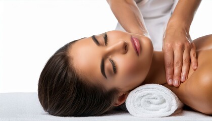 Obraz premium Young woman getting massaging treatment over white. Spa, healthcare and recreation concept.