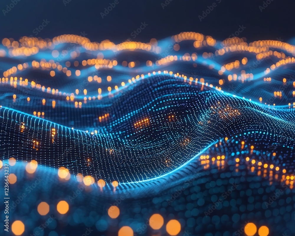 Poster abstract digital wave of glowing particles.