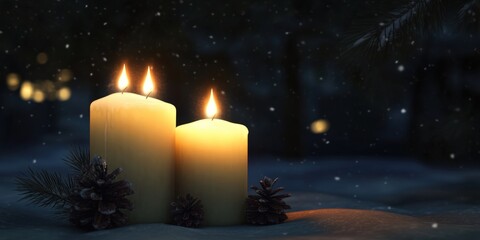 Two candles glow in snowy woods at night, peaceful winter scene, holiday card.