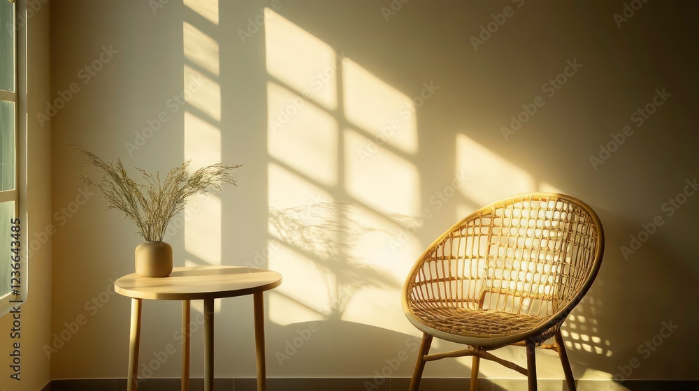 Poster sunlight streams through a window, illuminating a wicker chair and small side table with dried flowe