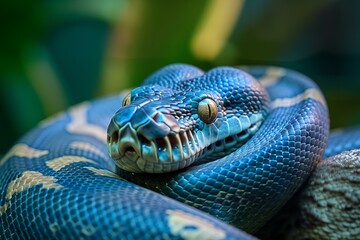 Fototapeta premium Vibrant blue python coiled around a branch, showcasing its intricate scale patterns and captivating gaze