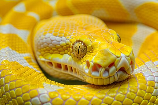 Close up of an albino python with vibrant yellow and white scales, showcasing its unique beauty and intricate patterns