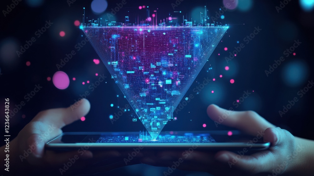 Poster digital sales funnel on a tablet screen held by hands, showcasing a big data concept. features abstr