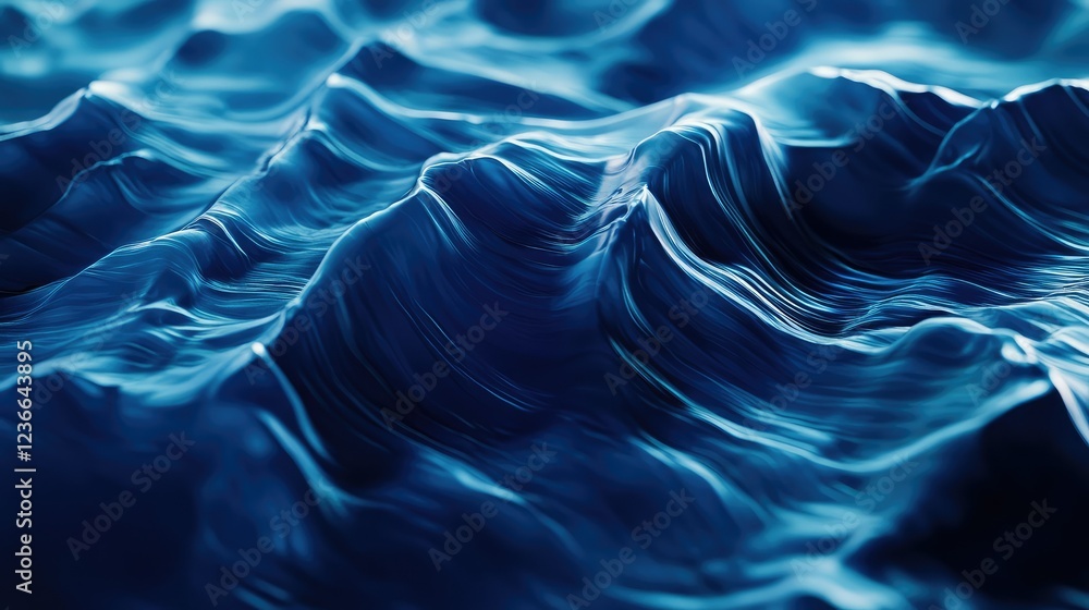 Poster luxurious deep blue abstract background with undulating blue waves and a smooth texture.