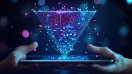 Digital sales funnel on a tablet screen held by hands, showcasing a big data concept. Features abstract data flow and filtering, presented in a low poly wireframe vector illustration with a futuristi