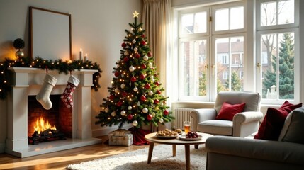 Obraz premium A cozy living room scene featuring a decorated Christmas tree, a crackling fireplace, and comfortable seating, perfect for holiday gatherings.