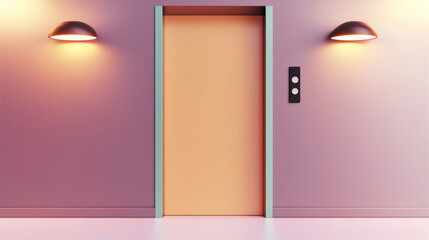 Modern elevator door with pastel orange and mauve walls, soft lighting, and minimalist design. Clean lines and simple aesthetics.