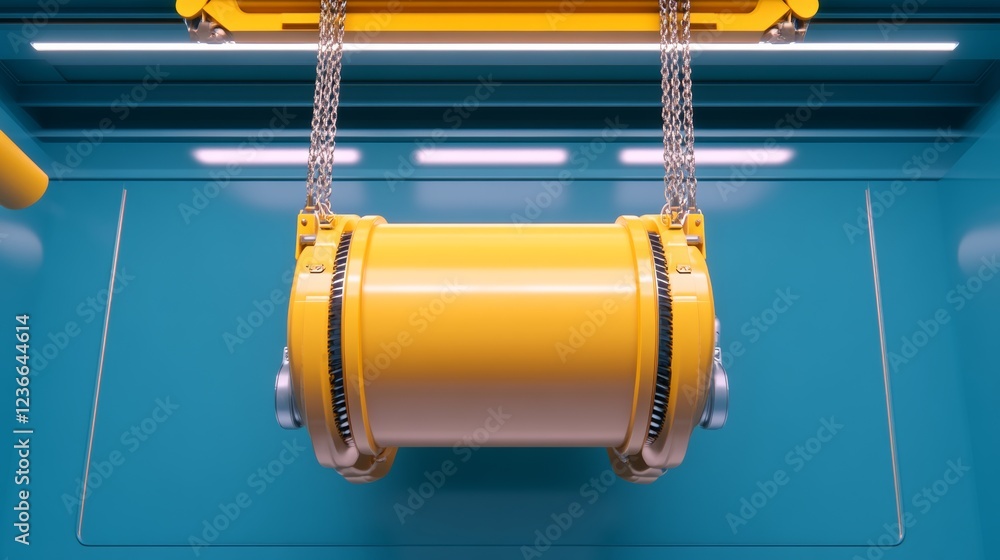 Poster a vibrant yellow cylindrical object hangs suspended by chains within a teal colored industrial setti