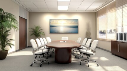 A mockup of office wall art displayed in a conference room environment, professional, interior
