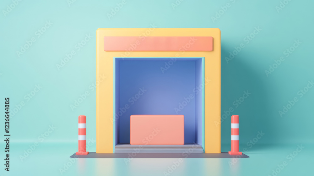Aufkleber pastel colored 3d rendering of a minimalist storefront with a peach colored display platform, flanke