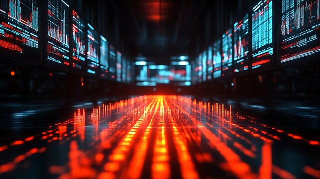 Futuristic Data Center Server Room Displays Digital Information