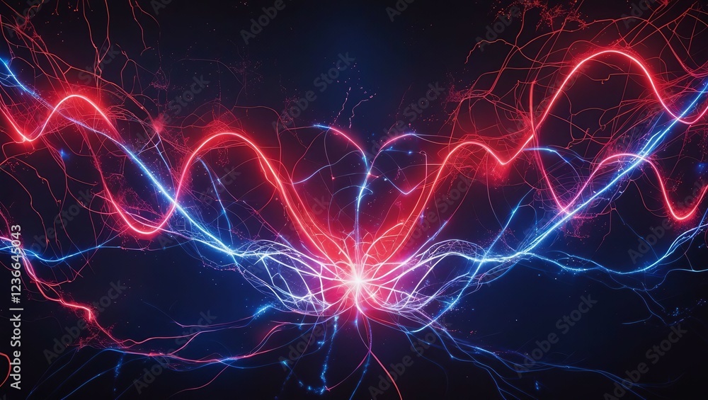 Poster abstract red and blue fractal light energy with glowing plasma waves and lightning effects creating 