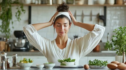 Stretching exercises blend with refined food styling and moments of self-reflection in a balanced, mindful scene.