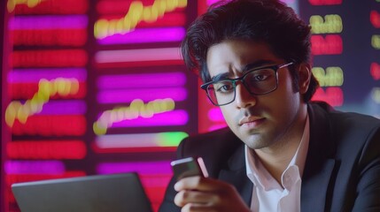 Indian latin business man trader investor analyst looking at financial stock market charts rate dynamic, trading data indexes growth using mobile phone and laptop for cryptocurrency digital analytics