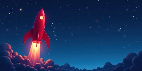 A vibrant red rocket ship ascends through a starlit night sky, leaving a fiery trail as it breaks through fluffy clouds towards the cosmos.