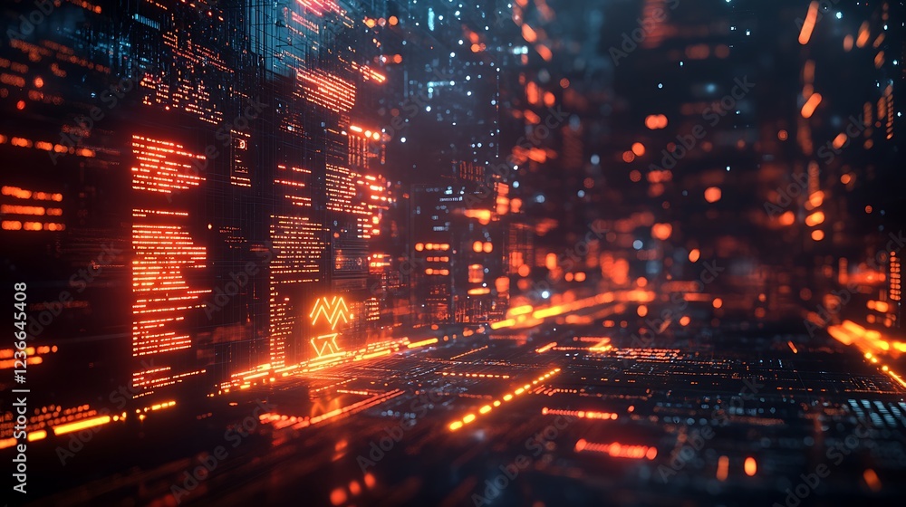 Poster glowing digital data streams flow through a futuristic cityscape.