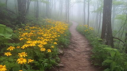 Misty Forest Trail Lined With Yellow Flowers