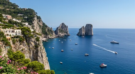 Obraz premium Stunning Capri Coastline View with Boats and Faraglioni Rocks