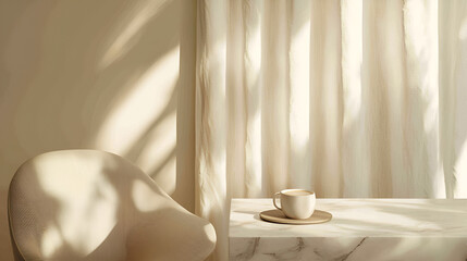 Serene morning scene: sunlight filters through sheer curtains, illuminating a minimalist room with a cozy chair and a warm drink.