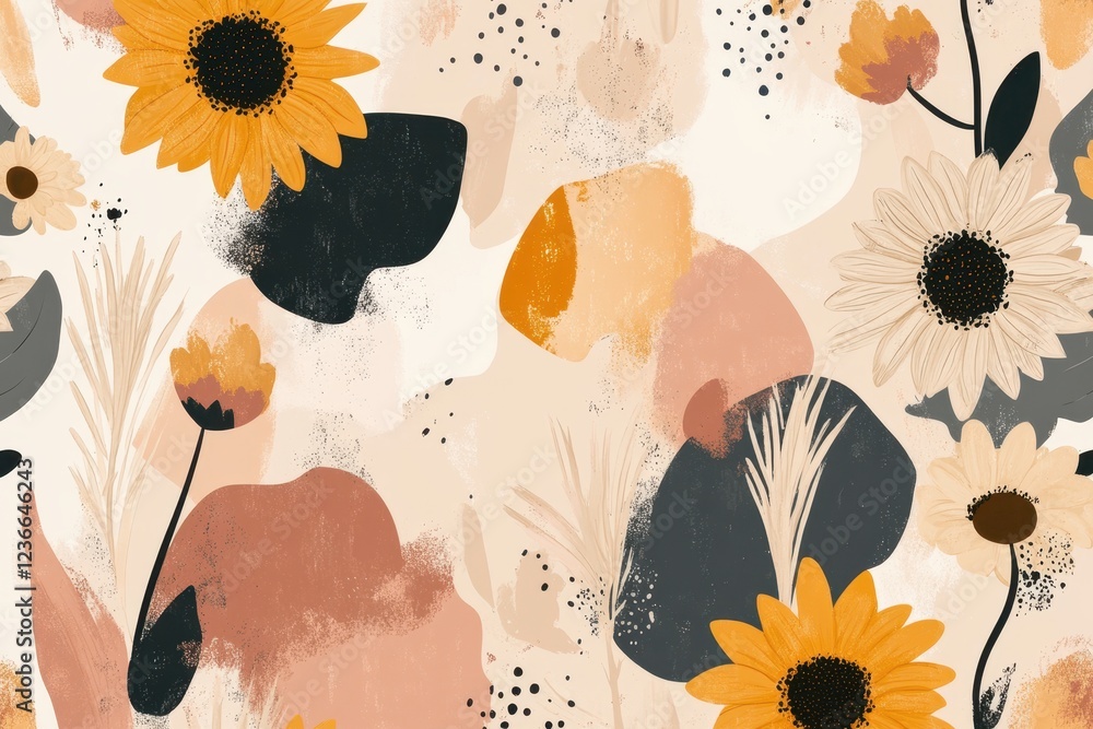 Poster colorful floral pattern featuring sunflowers and abstract shapes in warm tones, ideal for various de