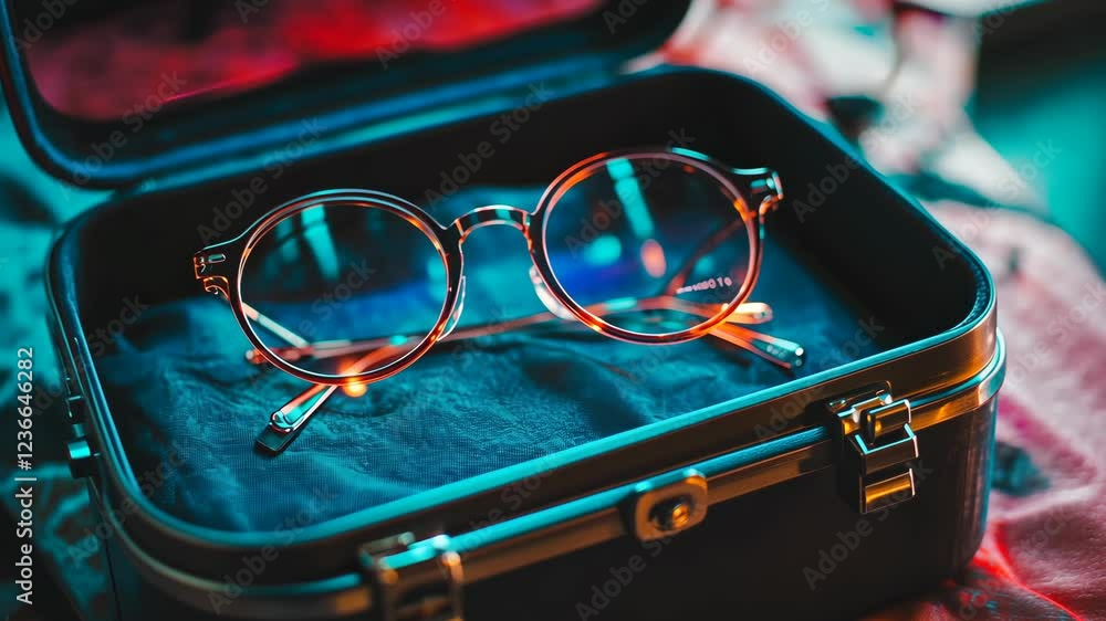 Poster stylish round glasses resting in an elegant black case highlighted by soft colorful lighting