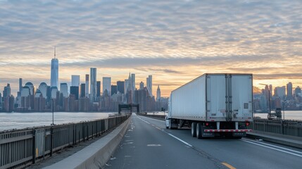 Obraz premium Semi-Truck on Bridge Towards Skyline at Sunrise