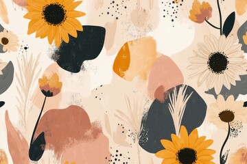 Colorful floral pattern featuring sunflowers and abstract shapes in warm tones, ideal for various design projects and backgrounds